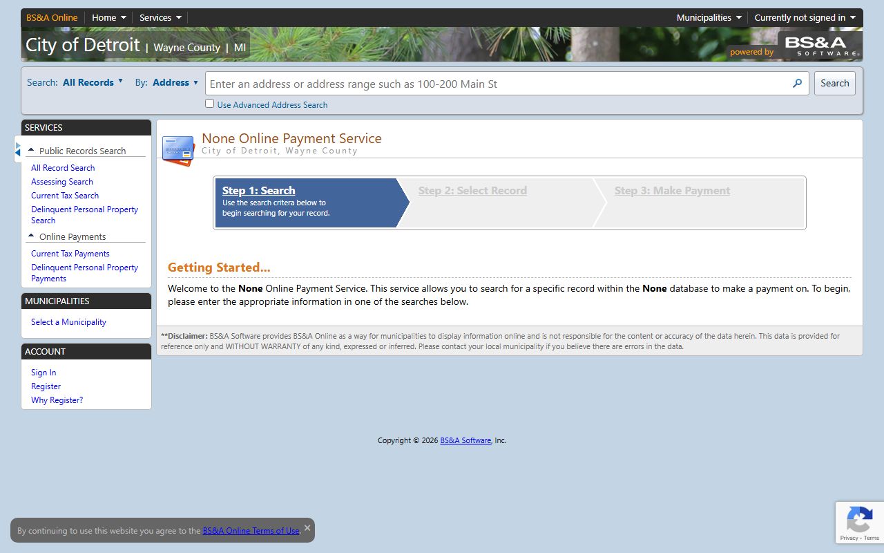 Wayne County BS&A online payment for White Pages records