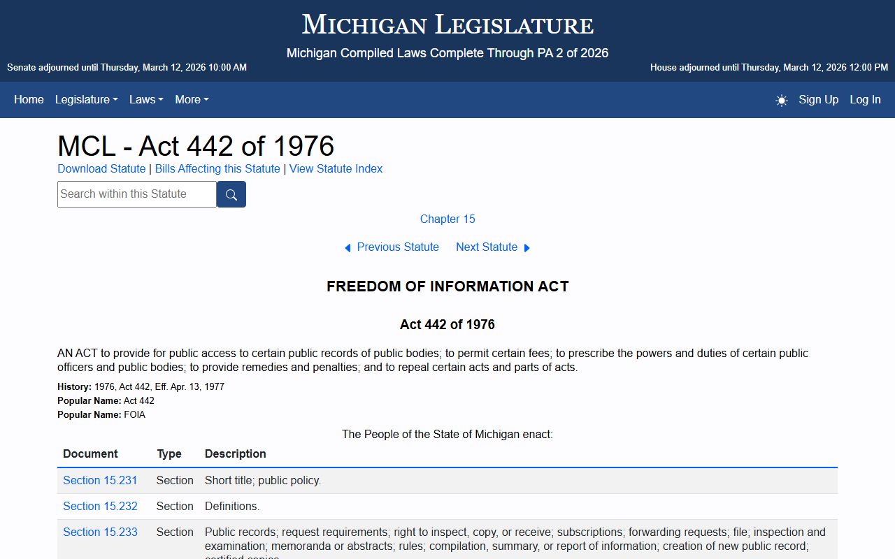 Michigan FOIA statute text for White Pages public records access